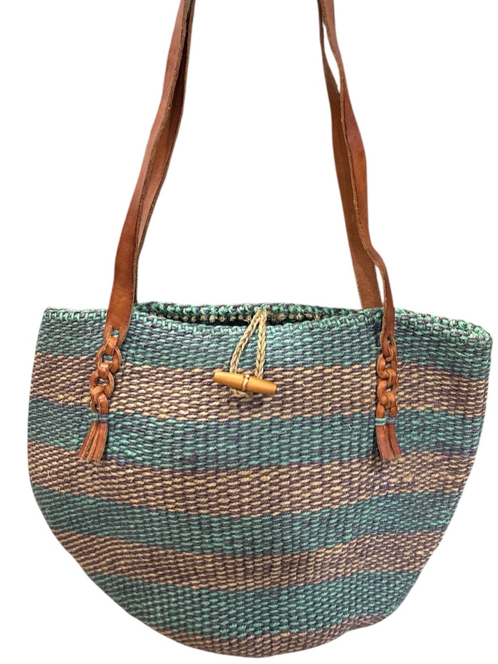 Ralph Lauren Denim & Supply Woven Straw Tote Bag  Brown Leather Straps Green Tan